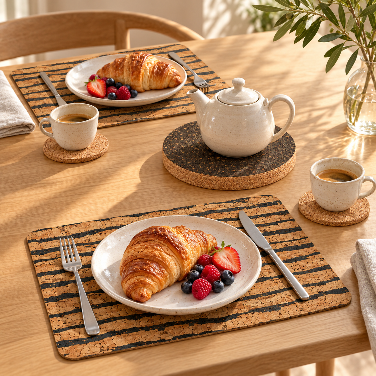 Tiger cork placemats and natural coasters with dark round trivet in a bright breakfast setting