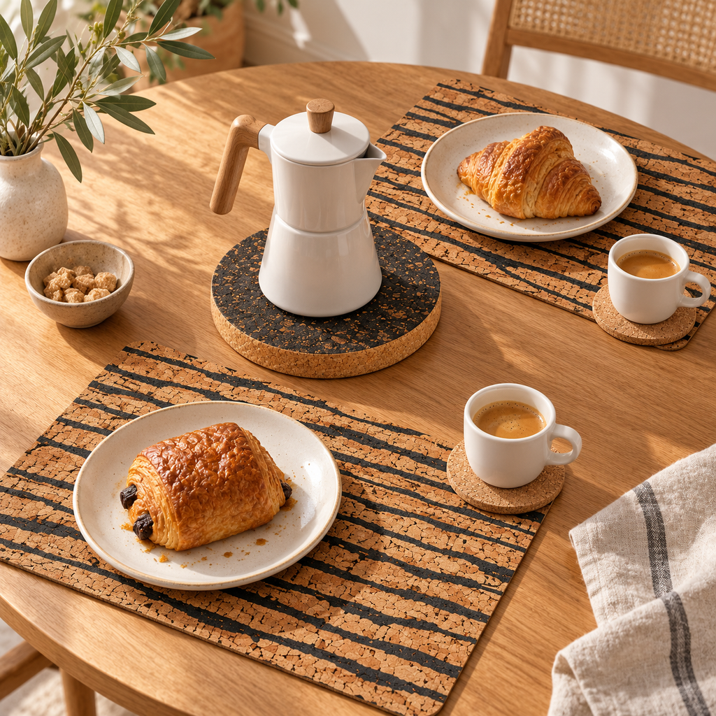 Tiger cork table accessories in a warm coffee and pastry table setting