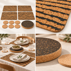 Tiger cork 11-piece table set premium editorial collage: full set, natural texture, real-life dining and trivet detail