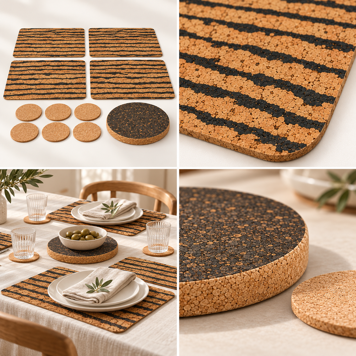 Tiger cork 11-piece table set premium editorial collage: full set, natural texture, real-life dining and trivet detail