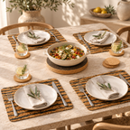 Four-place dinner table with Tiger cork placemats, natural coasters and dark cork trivet
