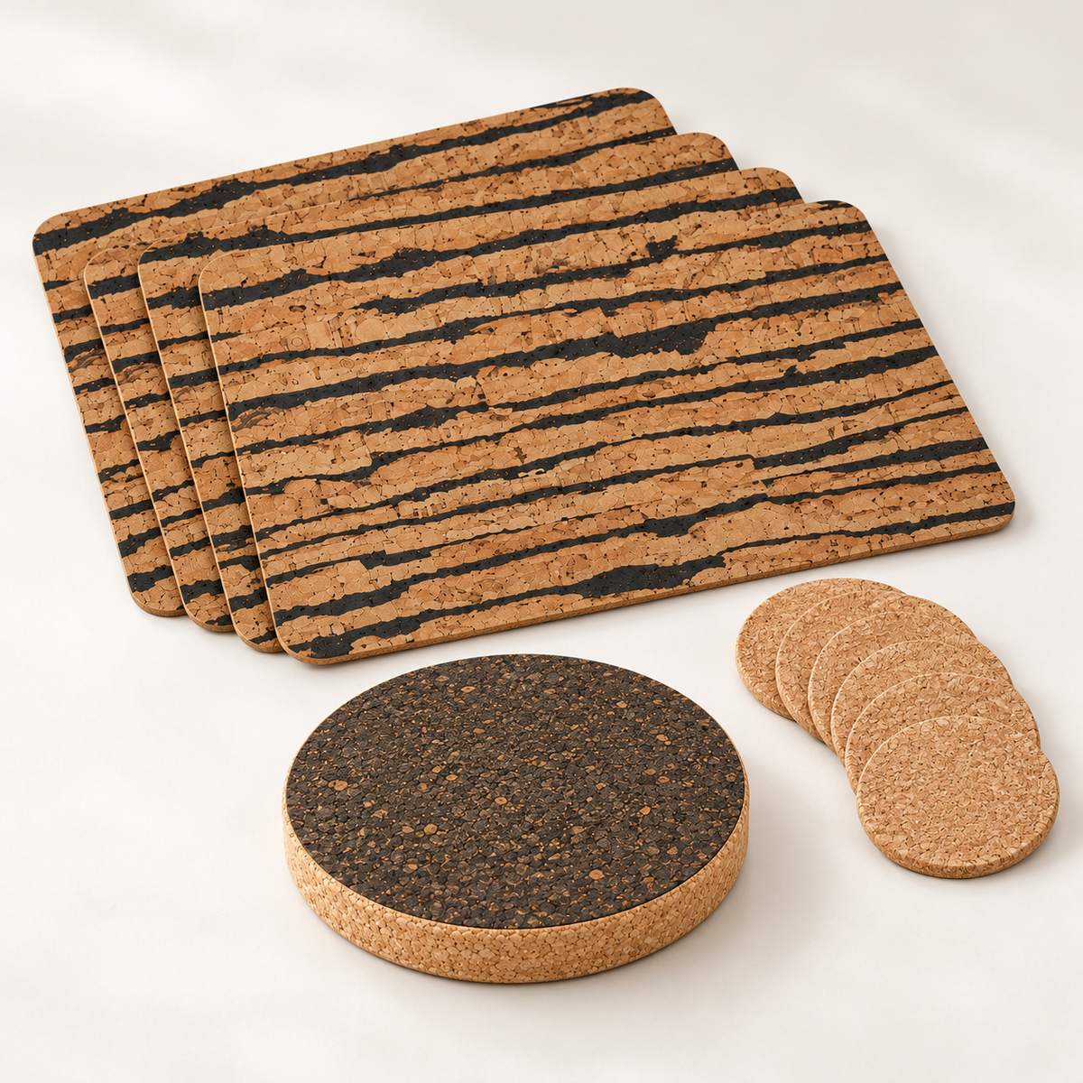 Tiger 11-piece cork table set for four: four striped cork placemats, six natural round coasters and a dark round trivet — studio hero