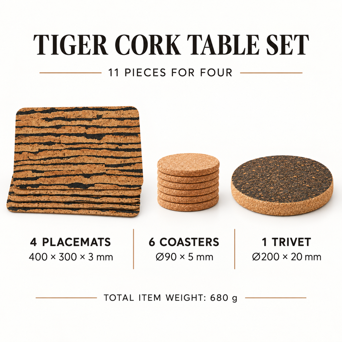Tiger cork table set infographic: 4 placemats 400x300x3 mm, 6 coasters diameter 90x5 mm, 1 dark trivet diameter 200x20 mm, item weight 680 g