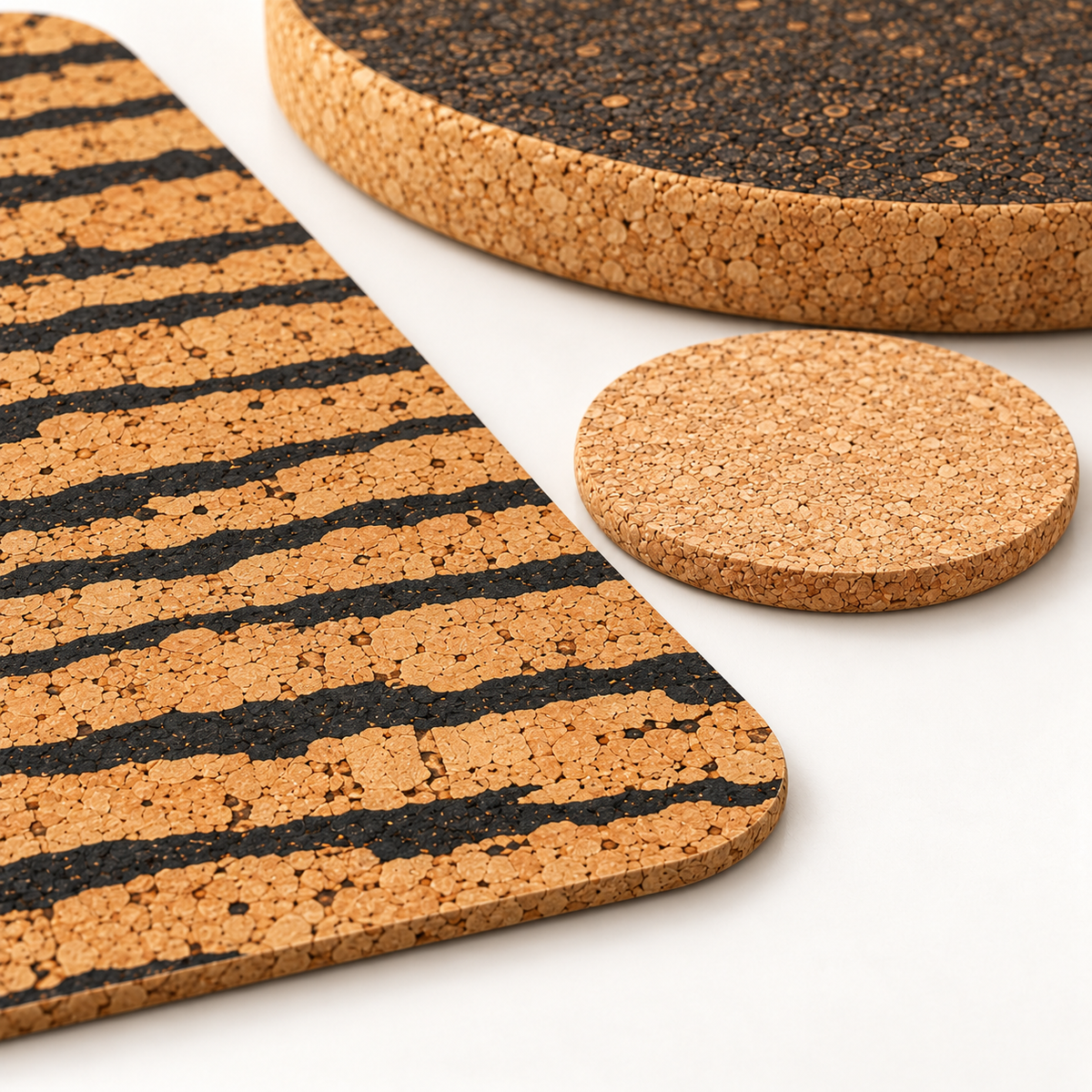 Close-up of Tiger patterned cork placemat, natural coaster and 20 mm dark round cork trivet