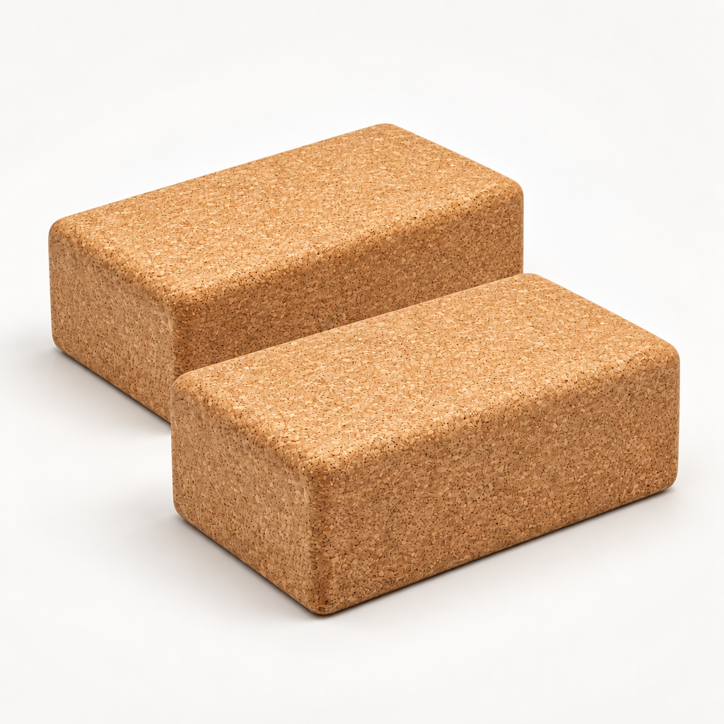 Pair of two identical natural cork yoga blocks, standard 227 × 120 × 65 mm size, studio product photo