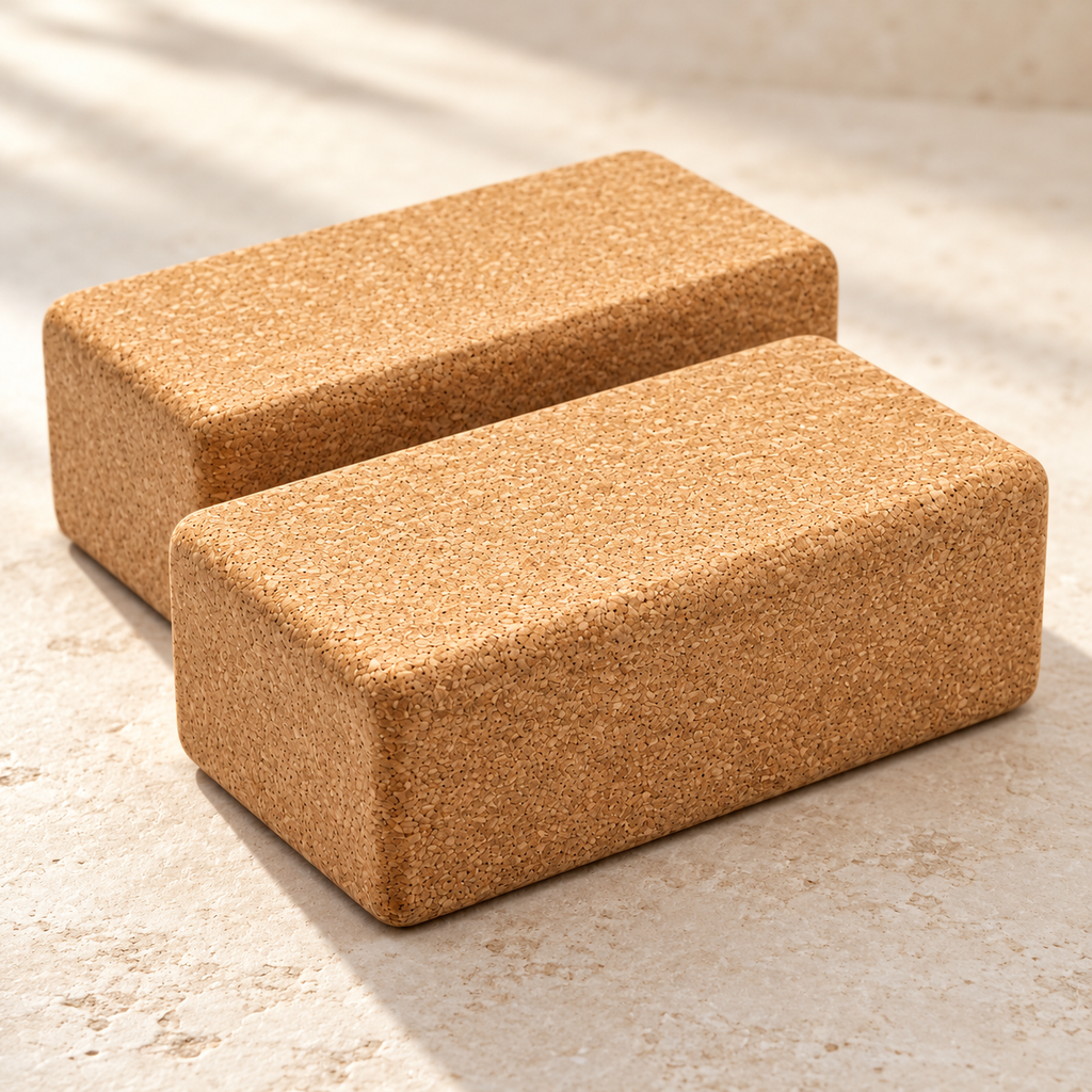 Close-up of two rounded natural cork yoga blocks showing fine-grained cork surface and edges