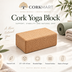 CorkMart infographic for standard natural cork yoga block dimensions: 227 × 120 × 65 mm per block