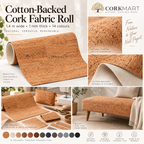 Cotton-Backed Cork Fabric Roll editorial collage with CorkMart branding