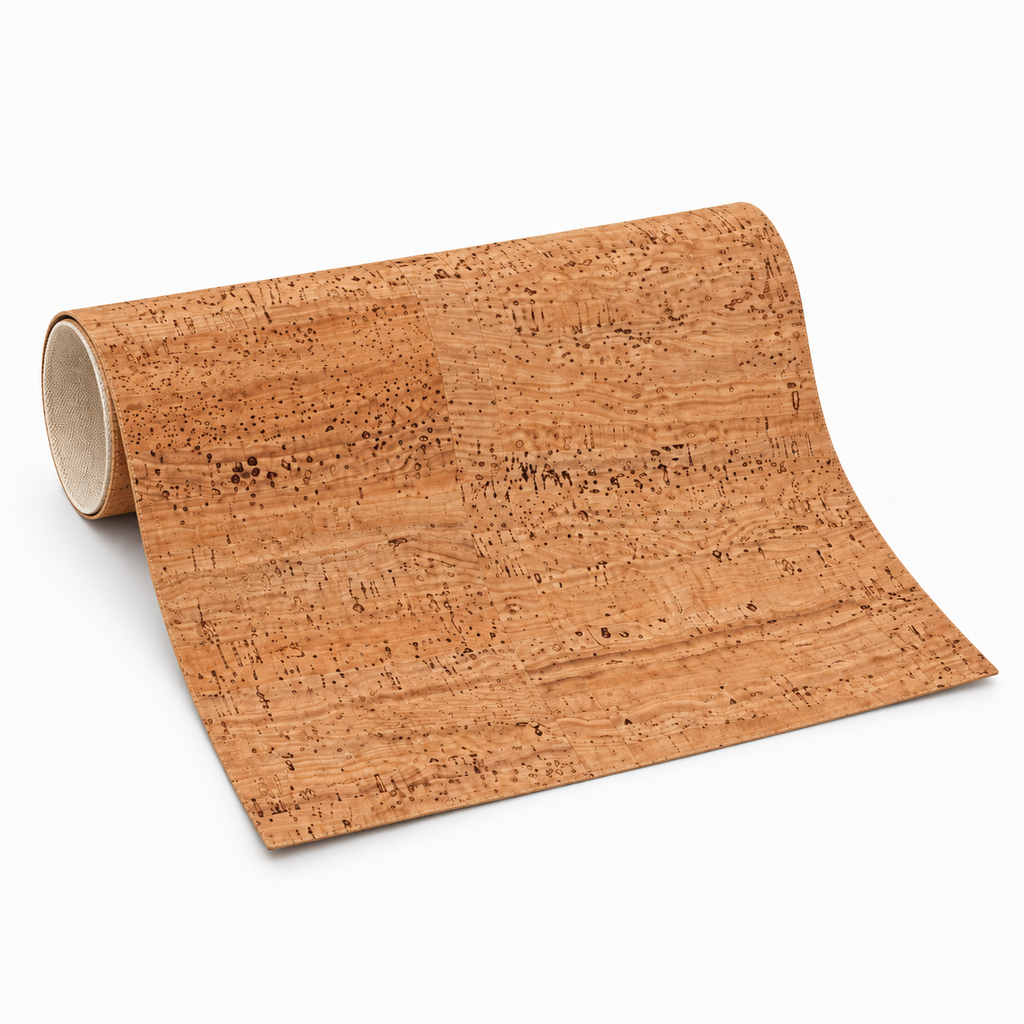 Cotton-backed cork fabric roll in Natural finish, editorial hero view