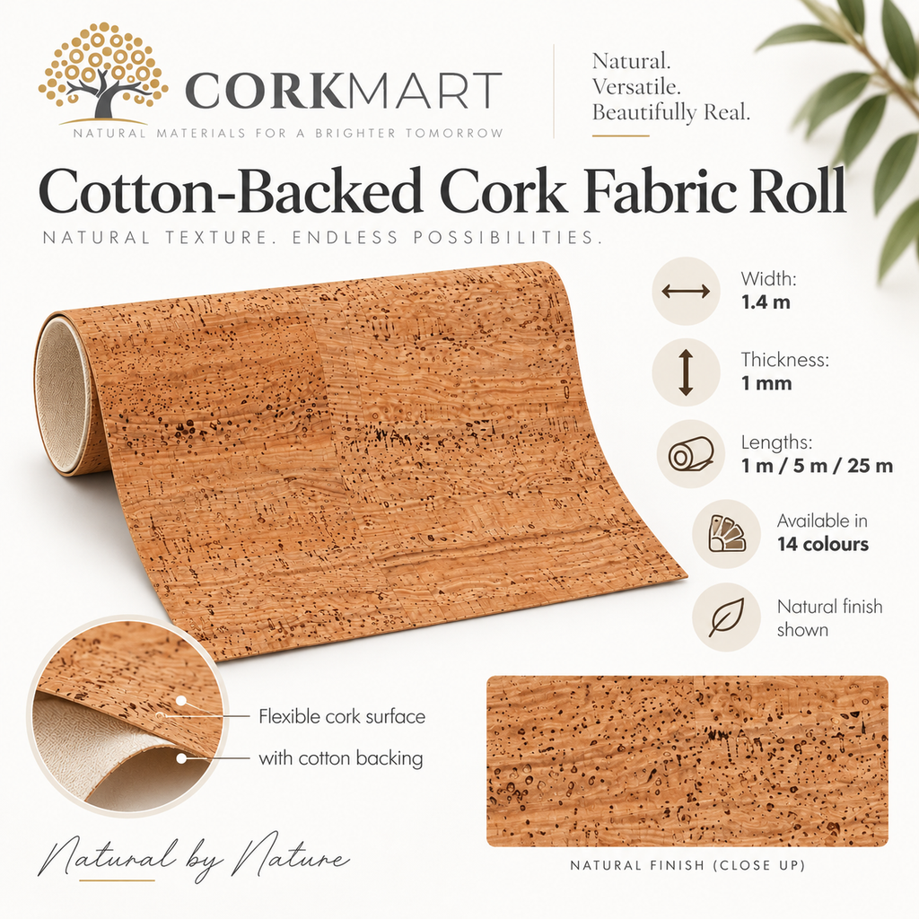 Cotton-Backed Cork Fabric Roll technical infographic with CorkMart branding