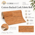 Cotton-Backed Cork Fabric Roll technical infographic with CorkMart branding