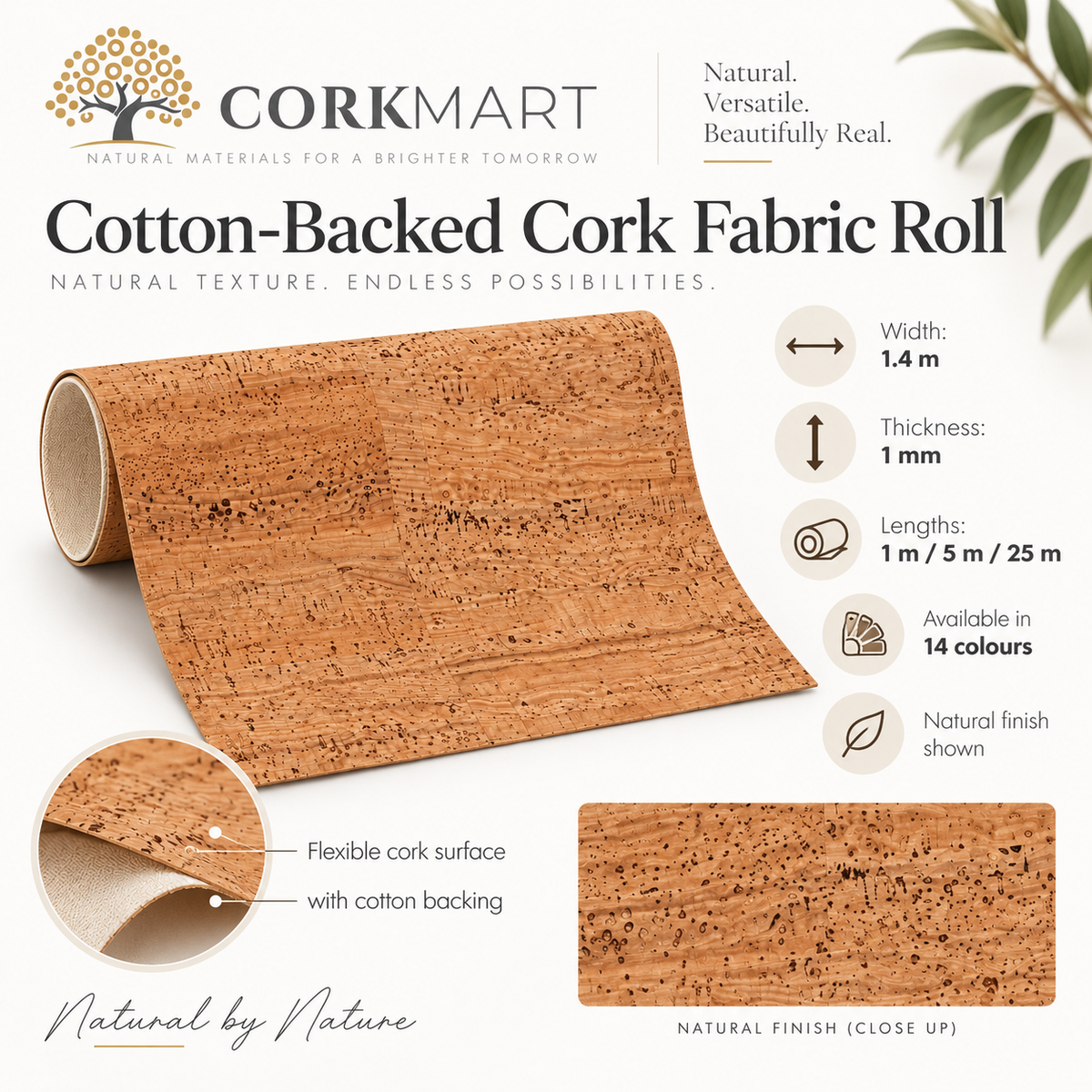 Cotton-Backed Cork Fabric Roll technical infographic with CorkMart branding