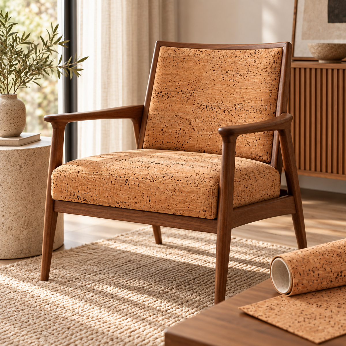 Cotton-backed cork fabric used as a premium upholstery accent