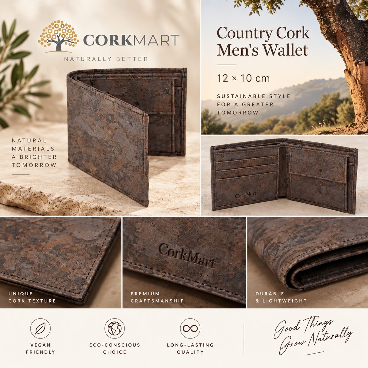 Country Cork Men's Wallet editorial collage with official CorkMart logo