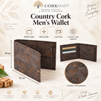 Country Cork Men's Wallet infographic with official CorkMart logo, dimensions and product features