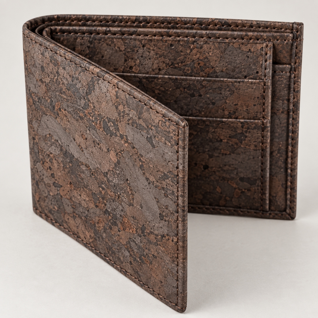 Country Cork Men's Wallet, country cork texture, stitching and card slot detail