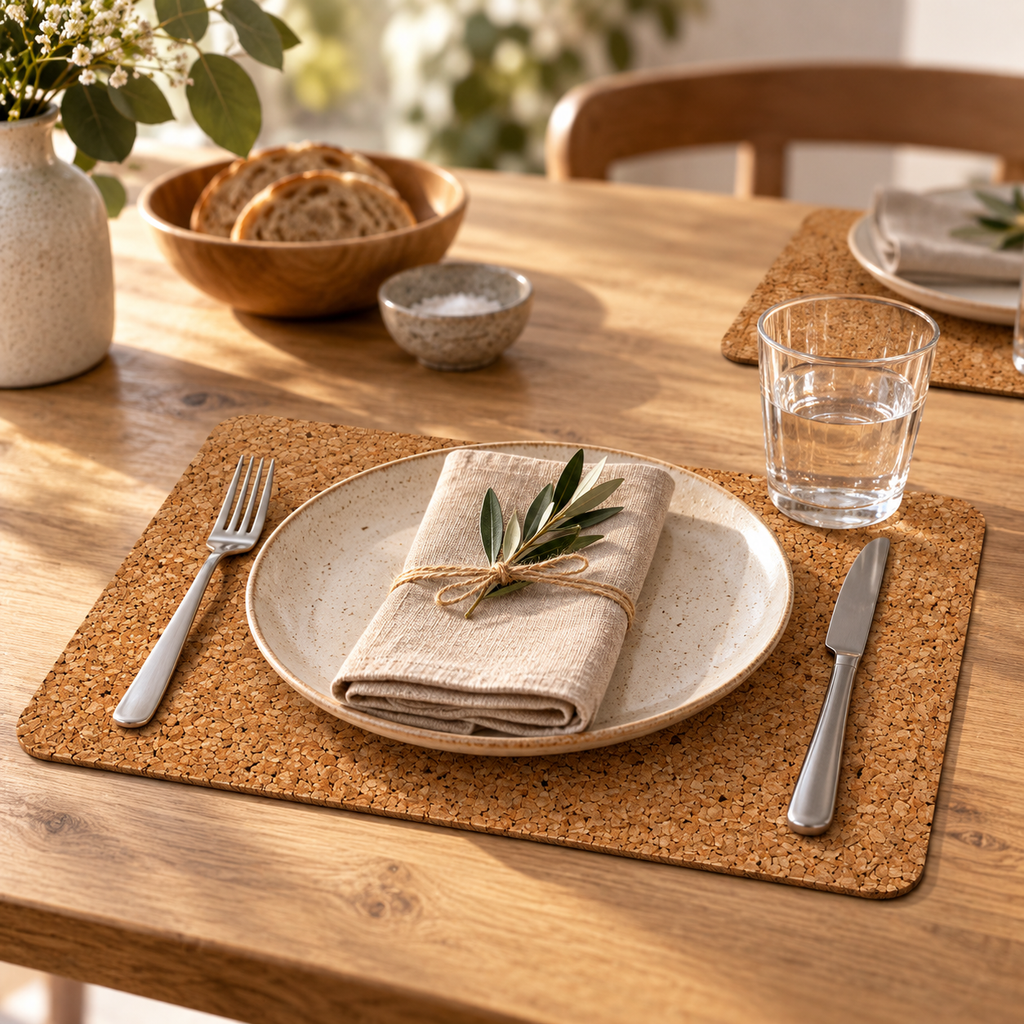 Country cork placemat in a warm refined dining table setting