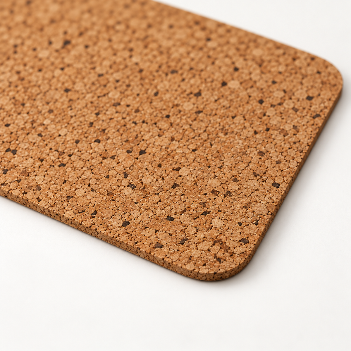 Macro close-up of Country cork placemat surface, rounded corner and thin edge