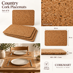 Country cork placemats — set of 4, material, dimensions and lifestyle overview