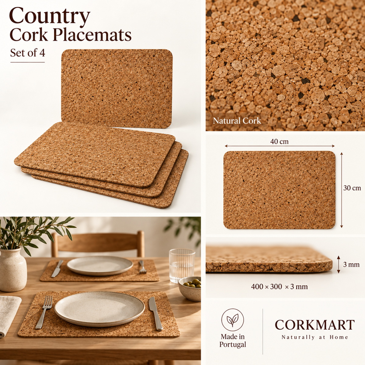 Country cork placemats — set of 4, material, dimensions and lifestyle overview