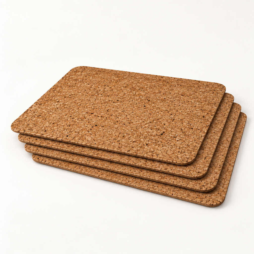 Stack of four Country cork placemats showing thin profile and rounded corners