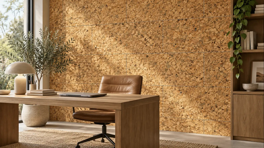Country cork wall tile shown in a conceptual residential home office visualization