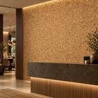 Country cork wall tile shown in a conceptual hospitality reception visualization