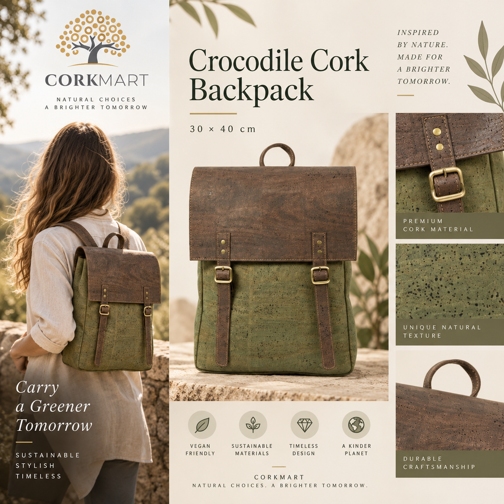 Crocodile Cork Backpack editorial collage