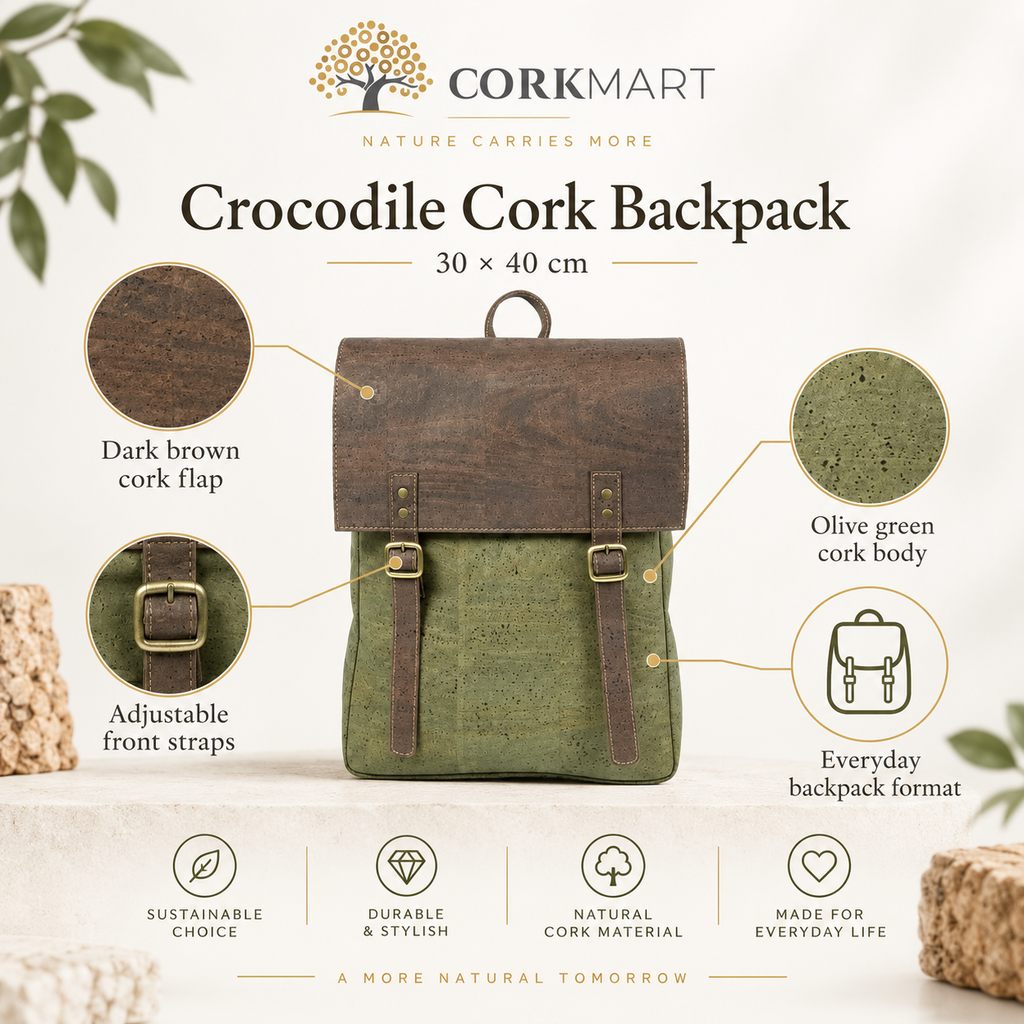Crocodile Cork Backpack infographic with 30 × 40 cm size and features