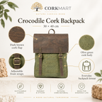 Crocodile Cork Backpack infographic with 30 × 40 cm size and features