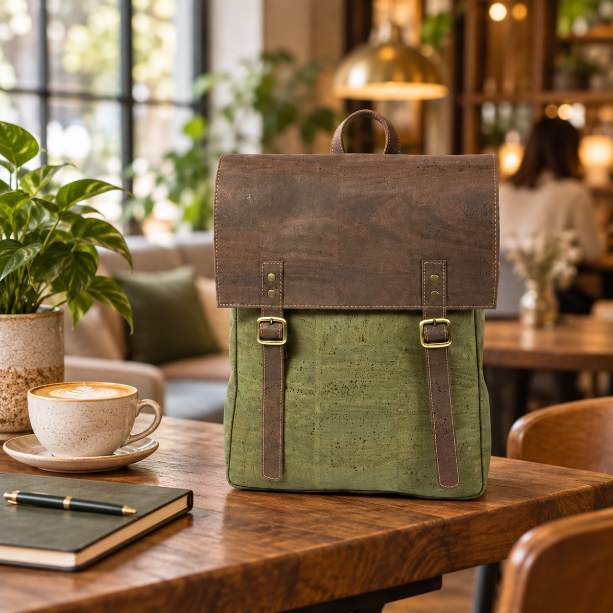 Crocodile Cork Backpack in a cafe and everyday setting