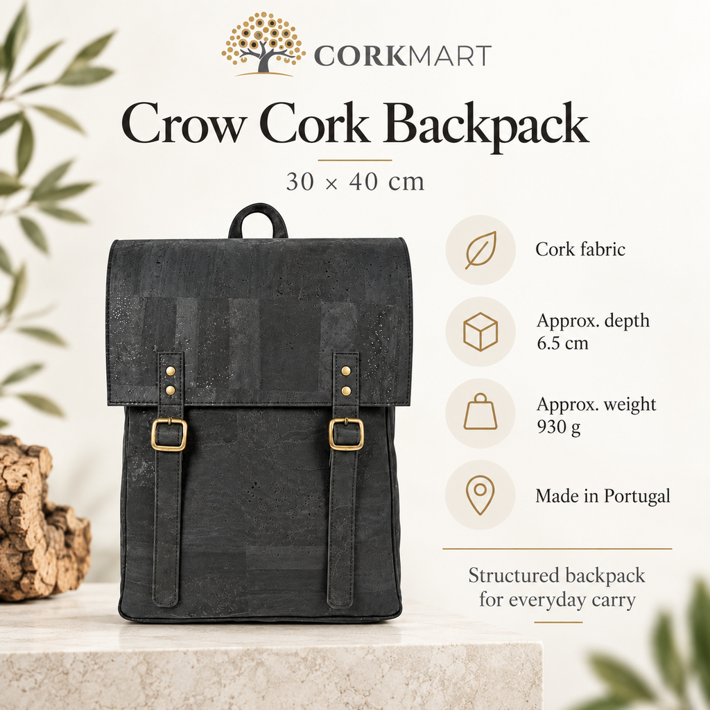 Crow Cork Backpack infographic with size and product details