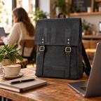 Crow Cork Backpack in a cafe and workspace setting