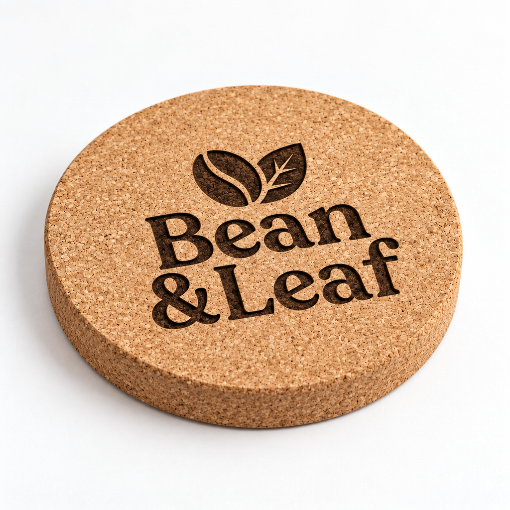 Custom Laser-Engraved Cork Coasters | 95 × 6 mm — angled studio view showing thickness