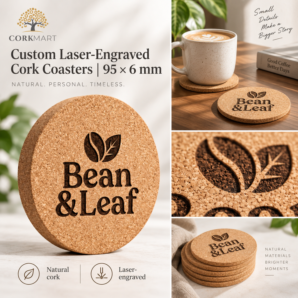 CorkMart editorial collage for Custom Laser-Engraved Cork Coasters | 95 × 6 mm