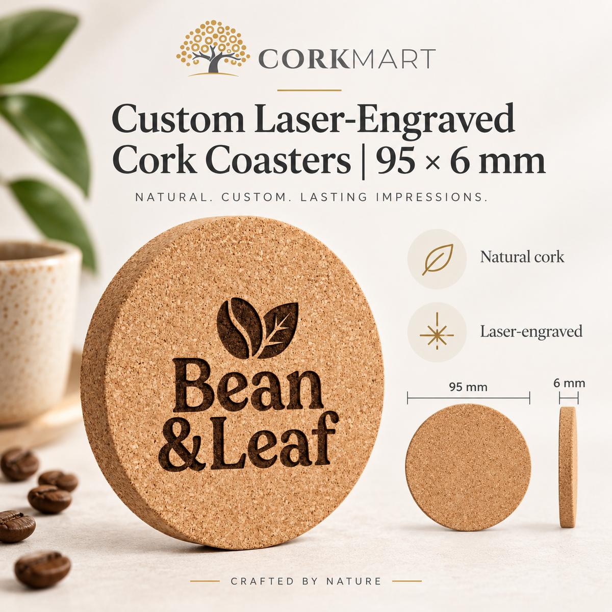 CorkMart infographic for Custom Laser-Engraved Cork Coasters | 95 × 6 mm