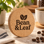Custom Laser-Engraved Cork Coasters | 95 × 6 mm — premium natural tabletop lifestyle