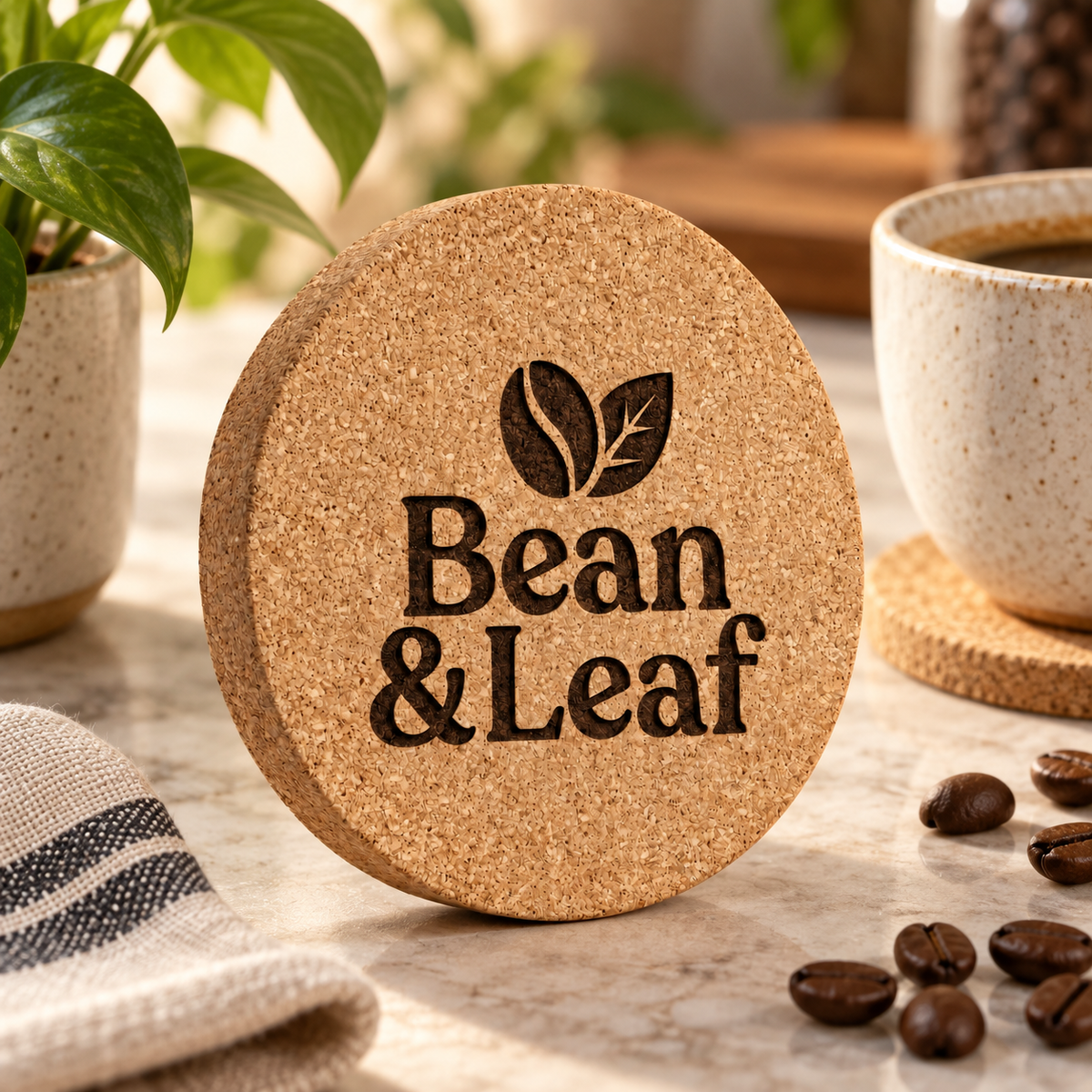 Custom Laser-Engraved Cork Coasters | 95 × 6 mm — premium natural tabletop lifestyle