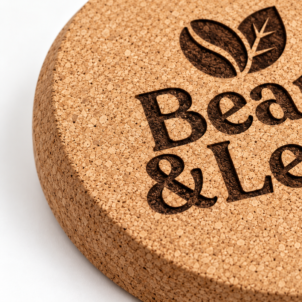 Custom Laser-Engraved Cork Coasters | 95 × 6 mm — macro cork texture and laser engraving detail