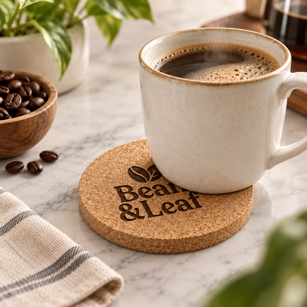 Custom Laser-Engraved Cork Coasters | 95 × 6 mm — engraved cork coaster used with a hot drink