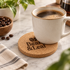 Custom Laser-Engraved Cork Coasters | 95 × 6 mm — engraved cork coaster used with a hot drink