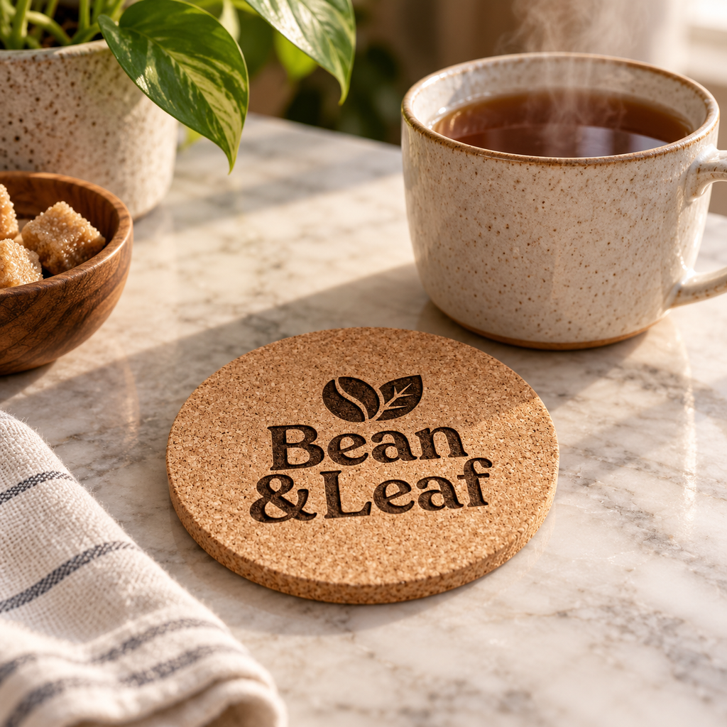 Custom Laser-Engraved Cork Coasters | 95 × 6 mm — engraved cork coaster in a tea setting