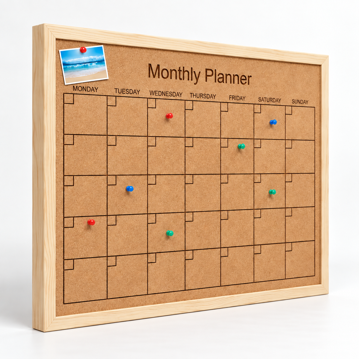 Custom Laser-Engraved Cork Notice Board | Wood Frame — angled studio view showing frame depth