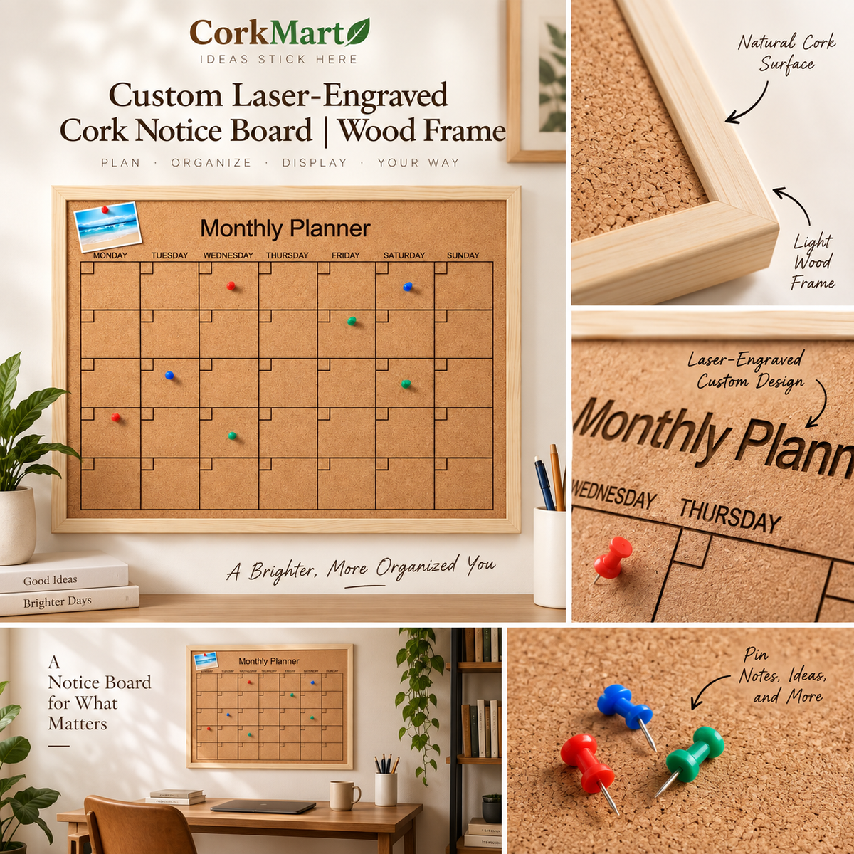 CorkMart editorial collage for Custom Laser-Engraved Cork Notice Board | Wood Frame