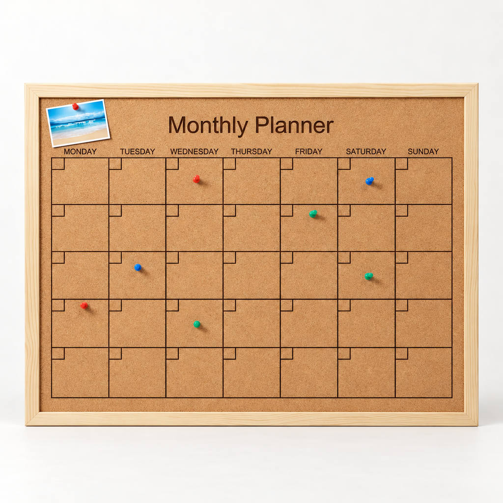 Custom Laser-Engraved Cork Notice Board | Wood Frame — premium studio hero