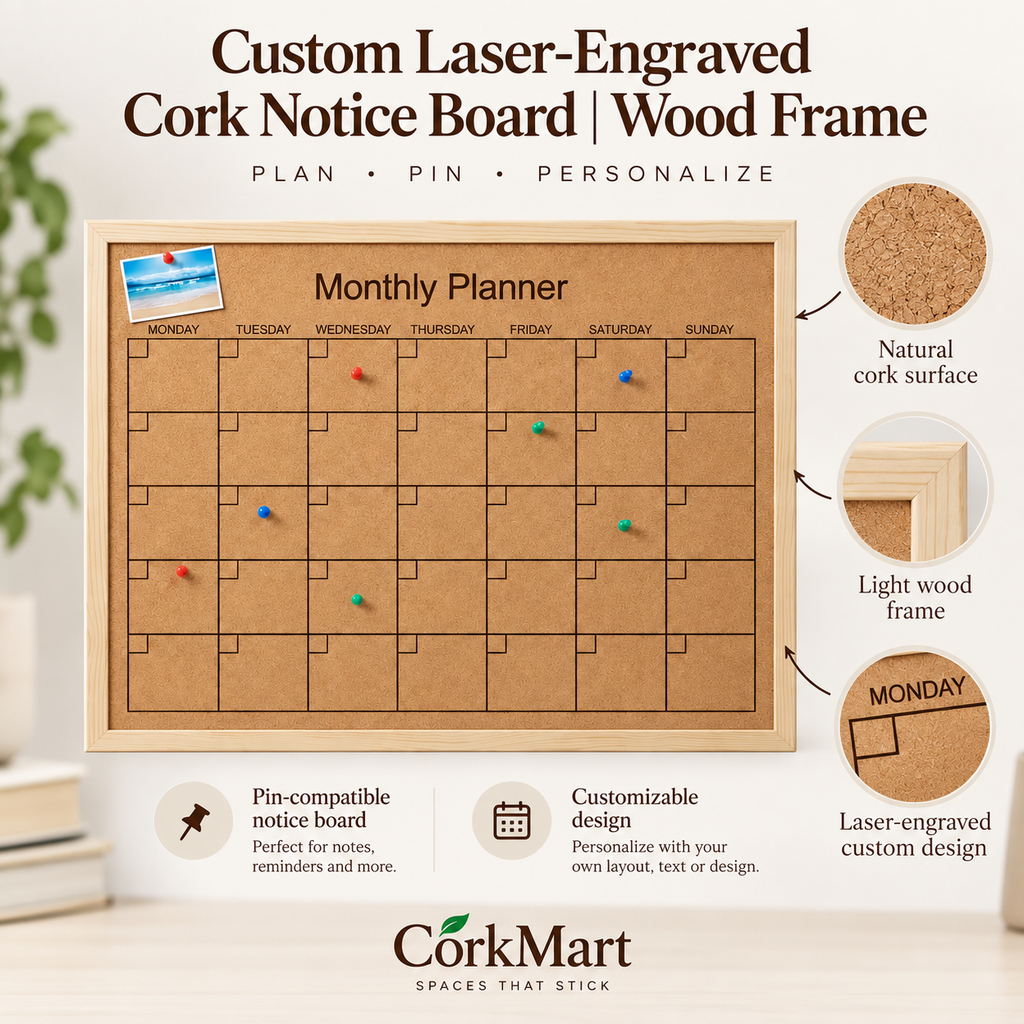 CorkMart infographic for Custom Laser-Engraved Cork Notice Board | Wood Frame