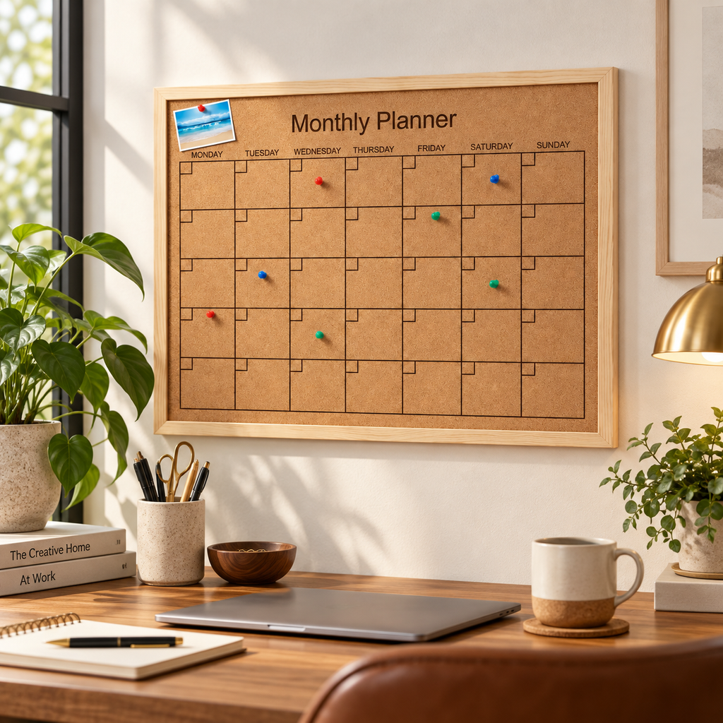 Custom Laser-Engraved Cork Notice Board | Wood Frame — premium workspace lifestyle