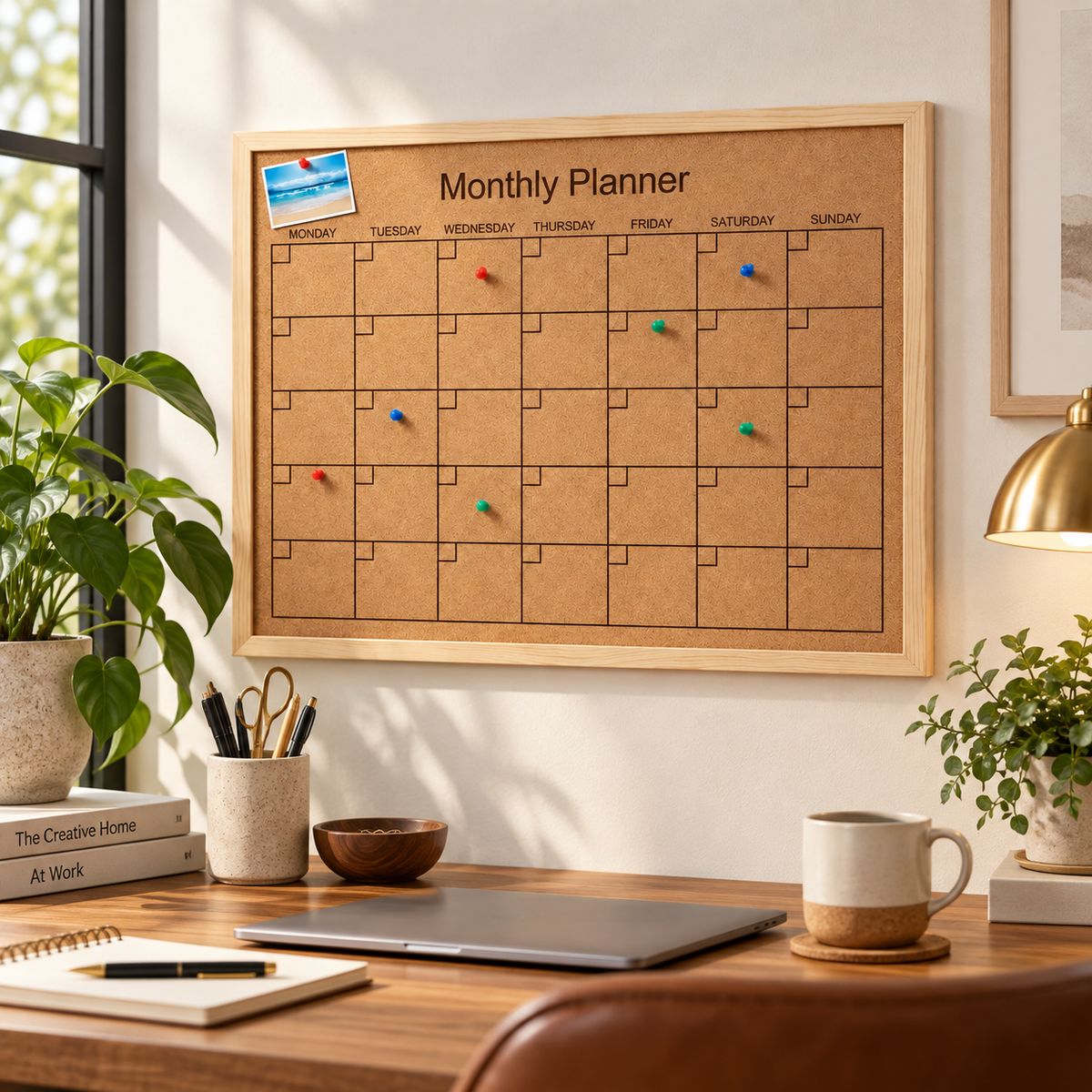 Custom Laser-Engraved Cork Notice Board | Wood Frame — premium workspace lifestyle