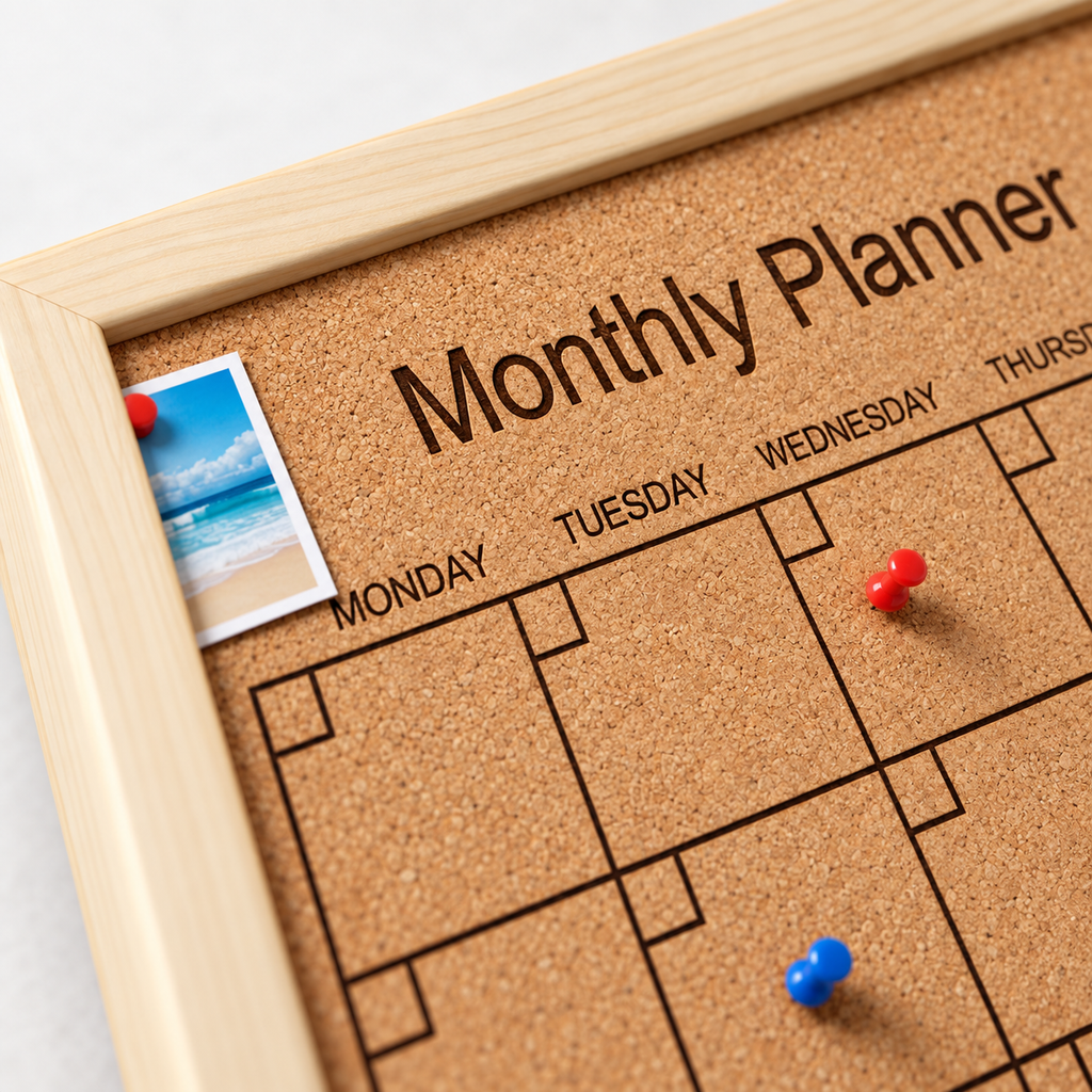 Custom Laser-Engraved Cork Notice Board | Wood Frame — macro cork, engraving and wood frame detail