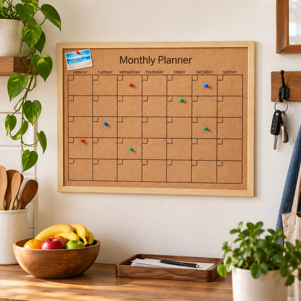 Custom Laser-Engraved Cork Notice Board | Wood Frame — monthly planner in a family command center